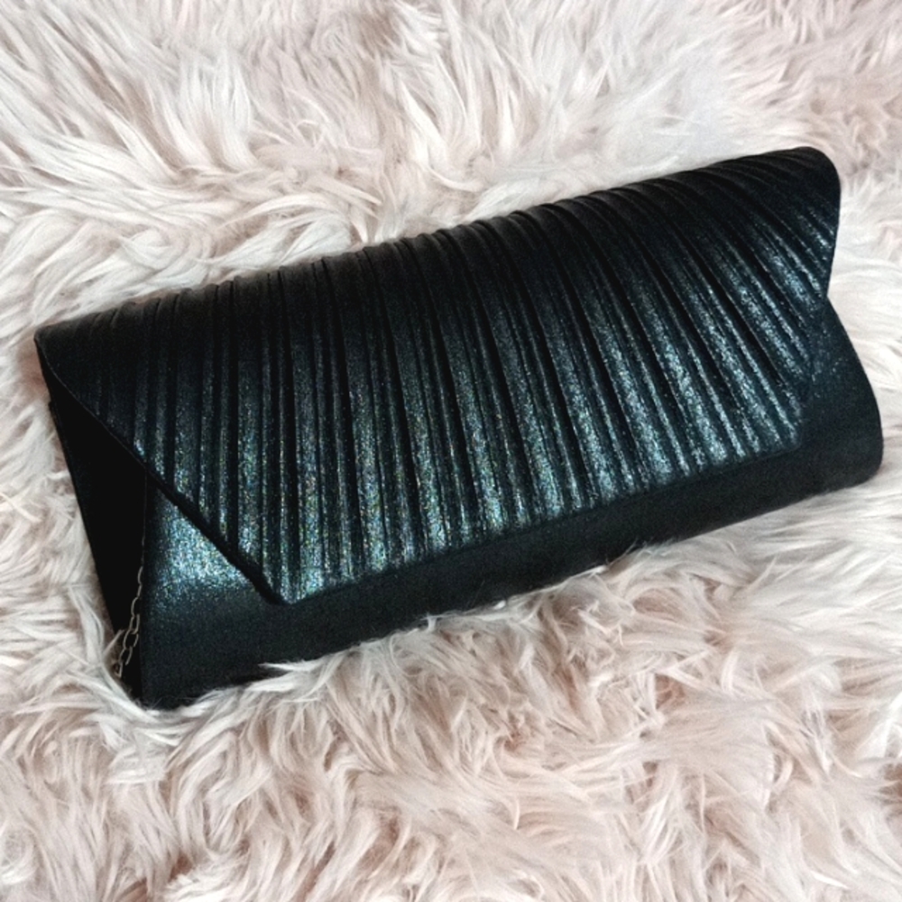Shimmer Black Envelope Clutch Formal Chain Strap Handbag